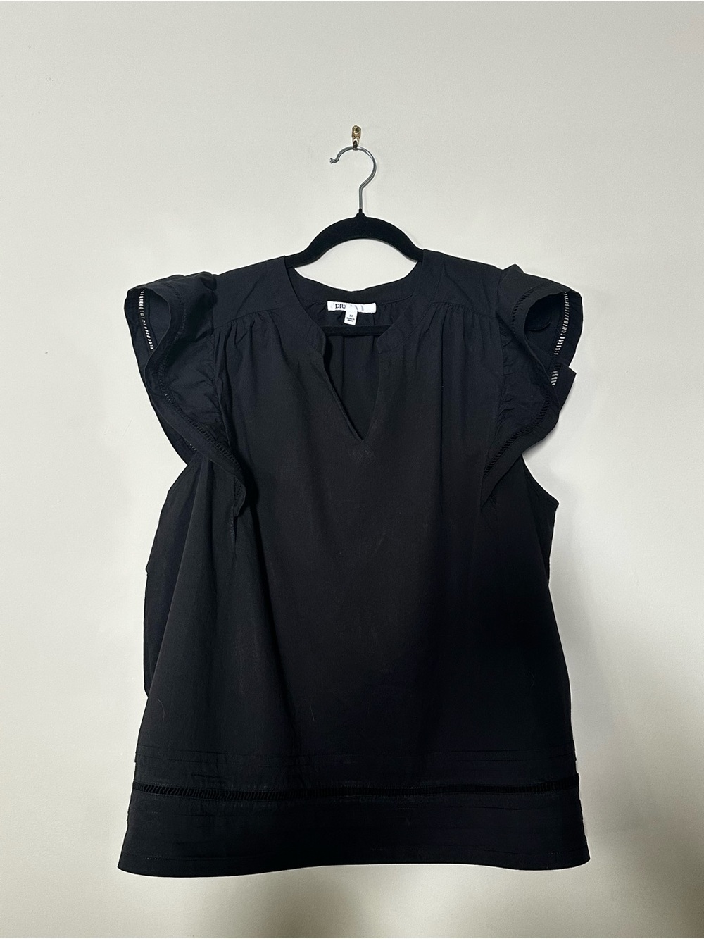 DR2 Black Flutter Sleeve Split-Neck Blouse